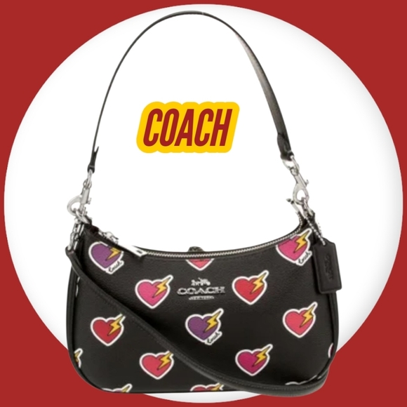 Coach Teri Shoulder Black Bag With Heart Bolt Print - Picture 2 of 11